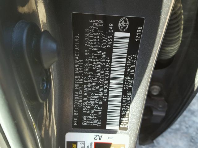 4T1BK3DB1CU440544 - 2012 TOYOTA AVALON BAS GRAY photo 10