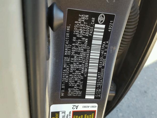 4T1BK3DB5CU463017 - 2012 TOYOTA AVALON BAS CHARCOAL photo 10