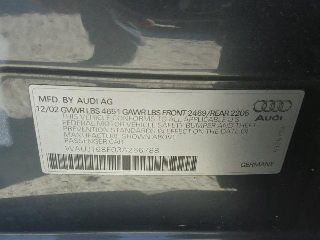 WAUJT68E03A266788 - 2003 AUDI A4 3.0 CHARCOAL photo 10