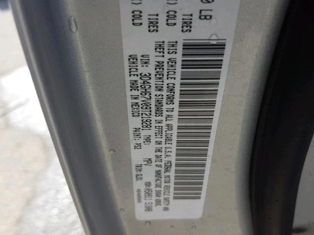 3D4GH67V09T219281 - 2009 DODGE JOURNEY R/ SILVER photo 10