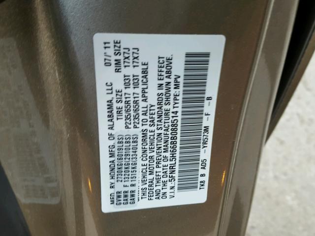 5FNRL5H66BB088514 - 2011 HONDA ODYSSEY EX TAN photo 10