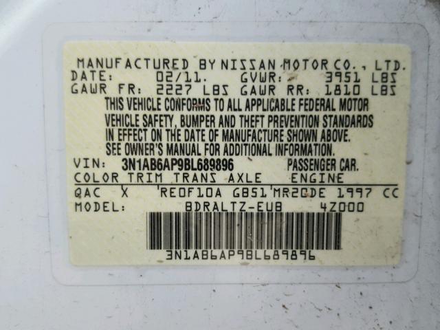 3N1AB6AP9BL689896 - 2011 NISSAN SENTRA 2.0 WHITE photo 10