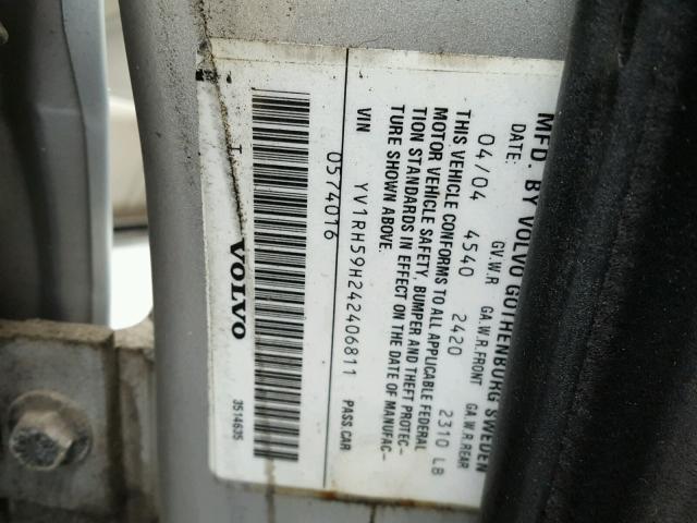 YV1RH59H242406811 - 2004 VOLVO S60 2.5T SILVER photo 10