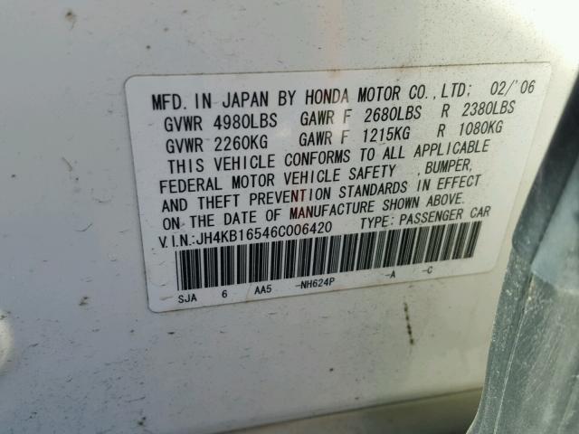 JH4KB16546C006420 - 2006 ACURA RL თეთრი ფოტო 10