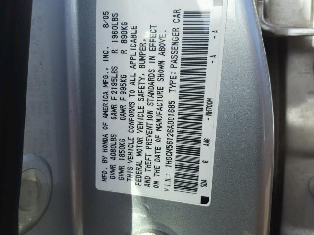 1HGCM56126A001685 - 2006 HONDA ACCORD SILVER photo 10