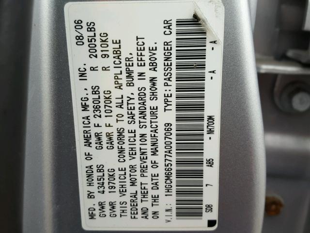 1HGCM66577A007069 - 2007 HONDA ACCORD EX SILVER photo 10