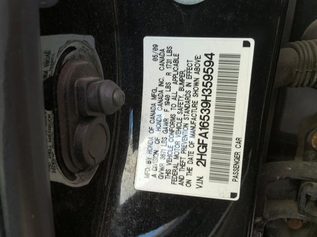 2HGFA16539H359594 - 2009 HONDA CIVIC LX BLACK photo 10