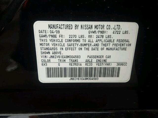 JNKCV61E49M304593 - 2009 INFINITI G37 BASE BLACK photo 10