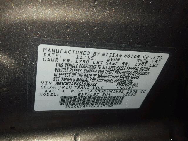 3N1CN7AP4GL839782 - 2016 NISSAN VERSA S GRAY photo 10