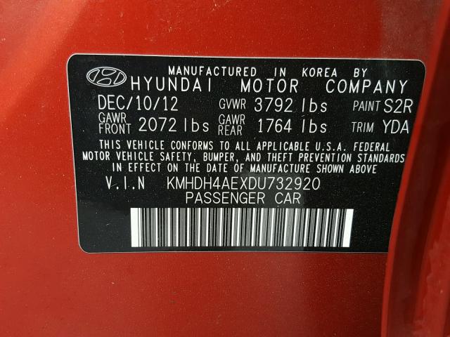 KMHDH4AEXDU732920 - 2013 HYUNDAI ELANTRA GL RED photo 10