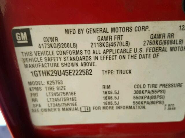 1GTHK29U45E222582 - 2005 GMC SIERRA K25 RED photo 10