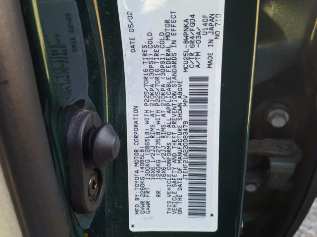 JTEHF21A220083479 - 2002 TOYOTA HIGHLANDER GREEN photo 10