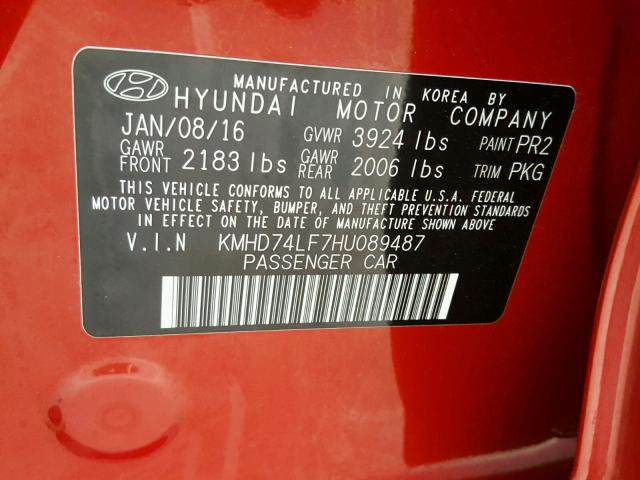 KMHD74LF7HU089487 - 2017 HYUNDAI ELANTRA BURGUNDY photo 10