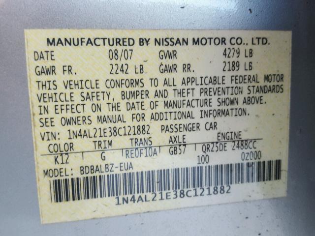 1N4AL21E38C121882 - 2008 NISSAN ALTIMA 2.5 SILVER photo 10