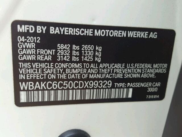 WBAKC6C50CDX99329 - 2012 BMW 750I XDRIV WHITE photo 10