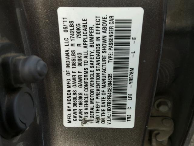 19XFB2F54CE304835 - 2012 HONDA CIVIC LX GRAY photo 10