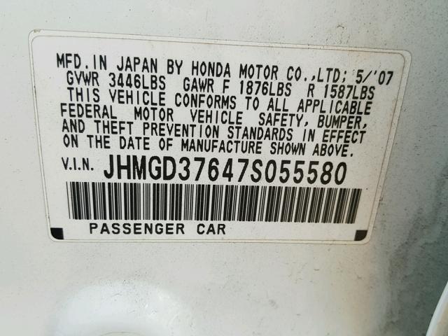 JHMGD37647S055580 - 2007 HONDA FIT S WHITE photo 10