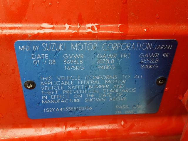 JS2YA413385103756 - 2008 SUZUKI SX4 BASE RED photo 10