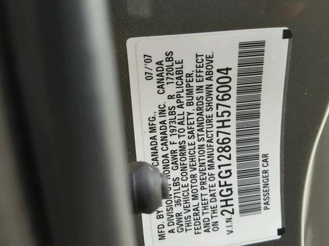 2HGFG12867H576004 - 2007 HONDA CIVIC EX Gri fotoğraf 10
