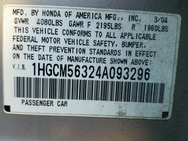 1HGCM56324A093296 - 2004 HONDA ACCORD LX SILVER photo 10