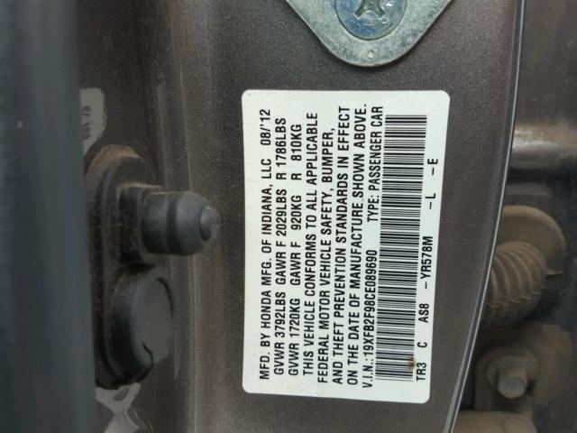 19XFB2F98CE089690 - 2012 HONDA CIVIC EXL ნაცრისფერი ფოტო 10