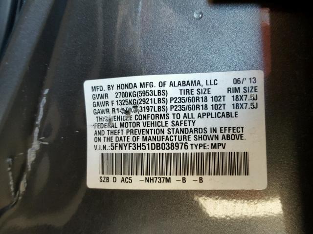 5FNYF3H51DB038976 - 2013 HONDA PILOT EXL GRAY photo 9