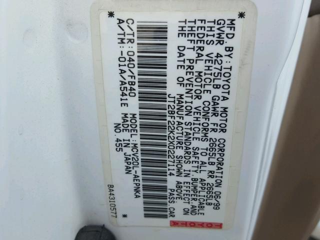 JT2BF22K2X0227114 - 1999 TOYOTA CAMRY LE 白色 照片 10