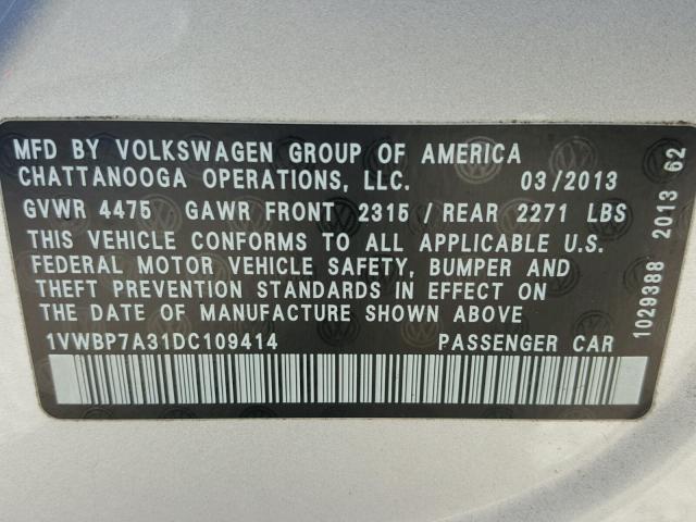 1VWBP7A31DC109414 - 2013 VOLKSWAGEN PASSAT SE GRAY photo 10