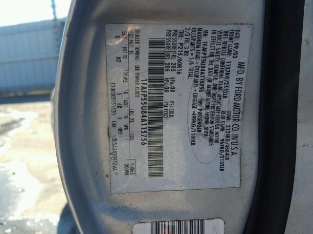 1FAFP55U84A115756 - 2004 FORD TAURUS SES GRAY photo 10