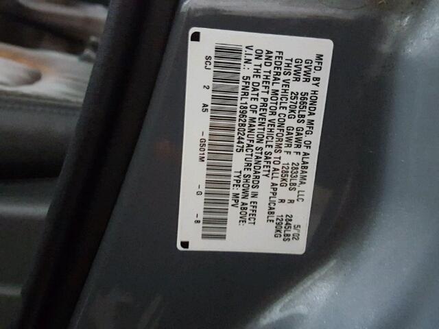 5FNRL18962B024475 - 2002 HONDA ODYSSEY GRAY photo 10