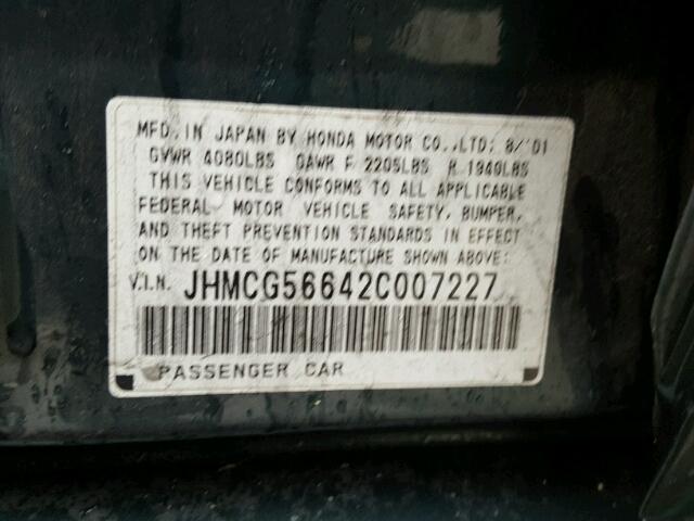 JHMCG56642C007227 - 2002 HONDA ACCORD EX GREEN photo 10