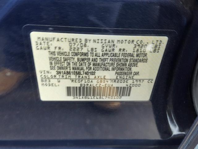 3N1AB61E68L740102 - 2008 NISSAN SENTRA 2.0 BLUE photo 10