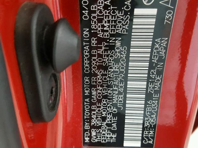 JTDBL40E79J020465 - 2009 TOYOTA COROLLA BA RED photo 10