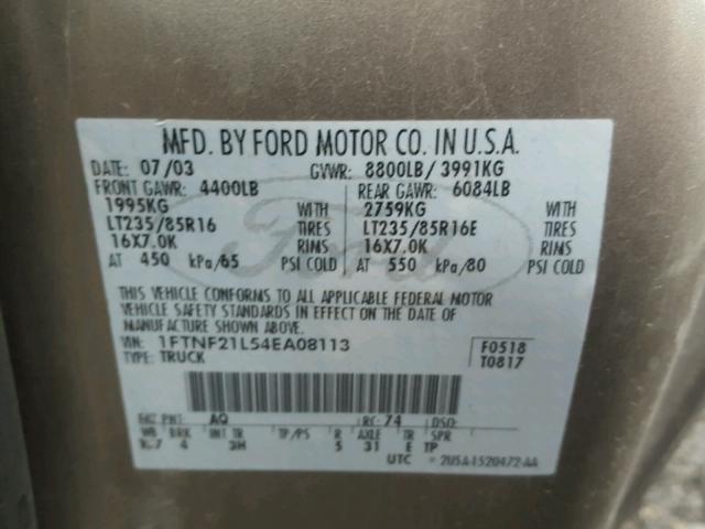 1FTNF21L54EA08113 - 2004 FORD F250 SUPER GOLD photo 10