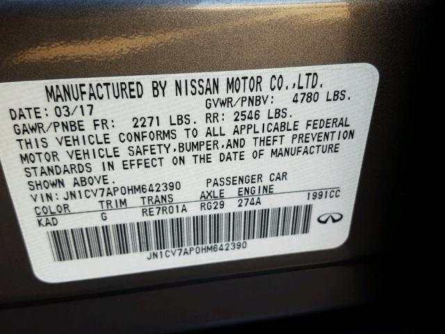 JN1CV7AP0HM642390 - 2017 INFINITI Q50 BASE GRAY photo 10