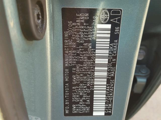 2T1BR32EX7C750921 - 2007 TOYOTA COROLLA CE TEAL photo 10