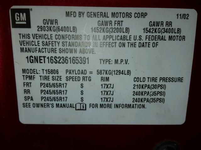 1GNET16S236165391 - 2003 CHEVROLET TRAILBLAZE RED photo 10