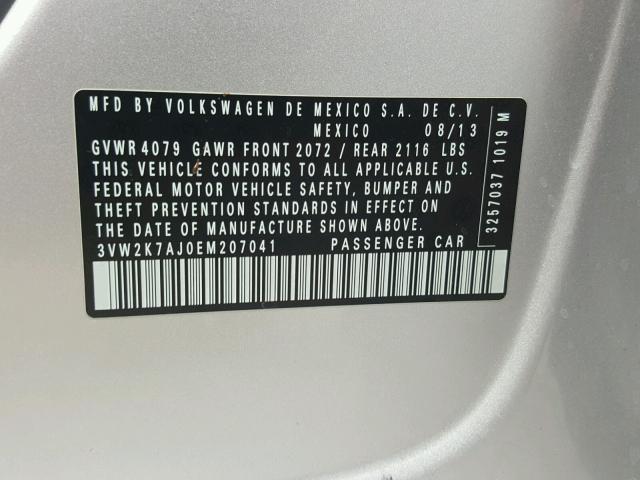 3VW2K7AJ0EM207041 - 2014 VOLKSWAGEN JETTA BASE SILVER photo 10