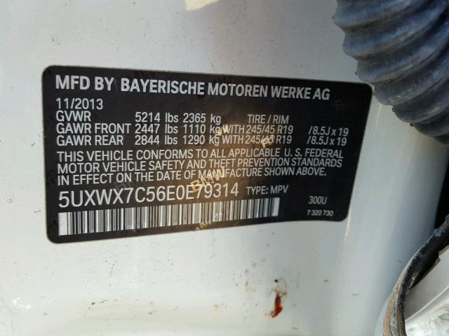 5UXWX7C56E0E79314 - 2014 BMW X3 XDRIVE3 WHITE photo 10