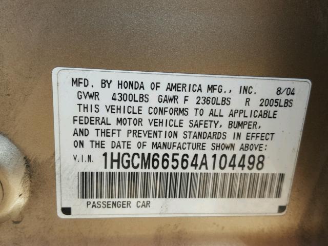 1HGCM66564A104498 - 2004 HONDA ACCORD EX GOLD photo 10