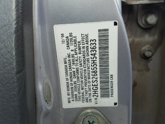 2HGES26855H543633 - 2005 HONDA CIVIC EX SILVER photo 10