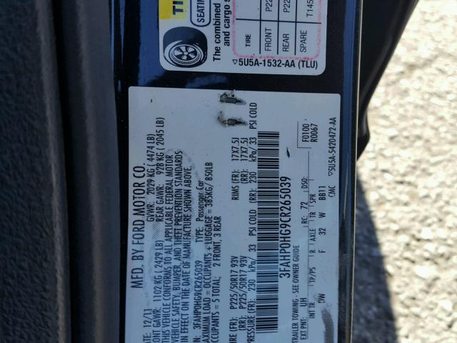 3FAHP0HG9CR265039 - 2012 FORD FUSION SE BLACK photo 10