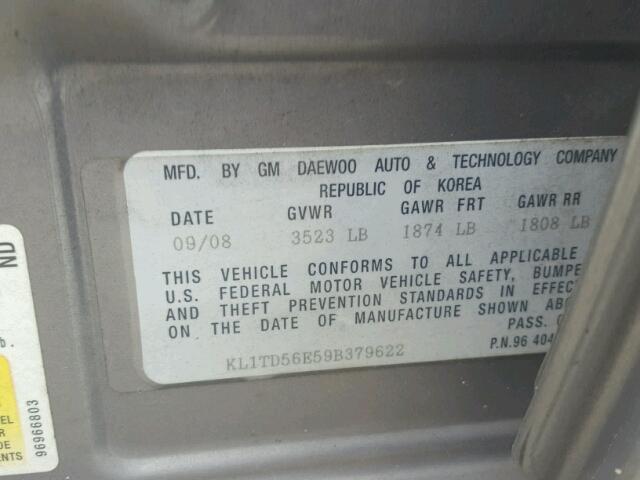 KL1TD56E59B379622 - 2009 CHEVROLET AVEO LS BLUE photo 10