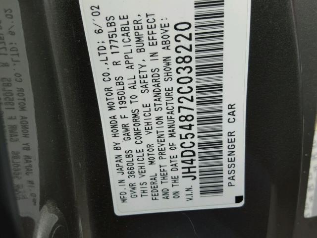 JH4DC54872C038220 - 2002 ACURA RSX GRAY photo 10