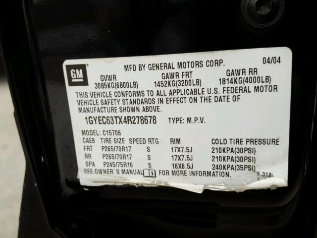 1GYEC63TX4R278678 - 2004 CADILLAC ESCALADE L BLACK photo 10