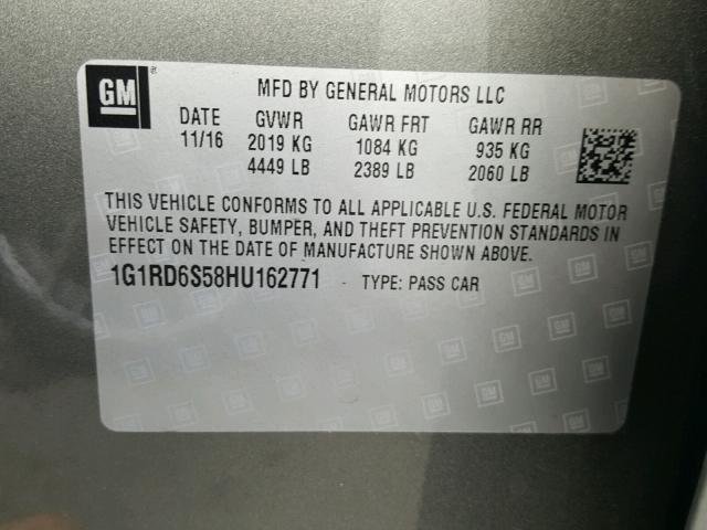 1G1RD6S58HU162771 - 2017 CHEVROLET VOLT PREMI GRAY photo 10