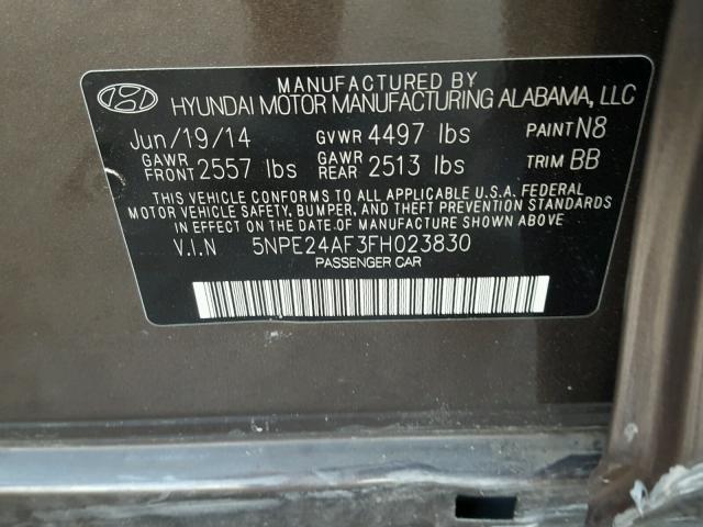 5NPE24AF3FH023830 - 2015 HYUNDAI SONATA SE BROWN photo 10