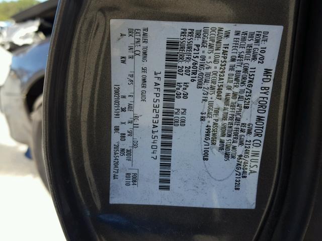 1FAFP53293A154047 - 2003 FORD TAURUS SE GRAY photo 10