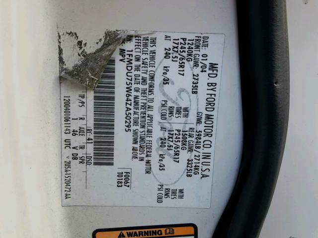 1FMDU75W64ZA50295 - 2004 FORD EXPLORER L WHITE photo 10