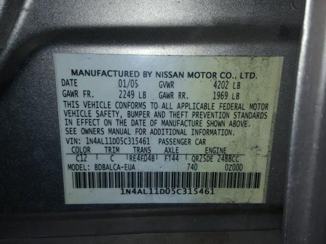 1N4AL11D05C315461 - 2005 NISSAN ALTIMA S BEIGE photo 10